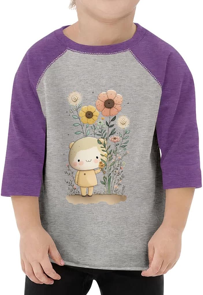Kawaii Design Toddler Baseball T-Shirt - Flower 3/4 Sleeve T-Shirt - Themed Kids' Baseball Tee
