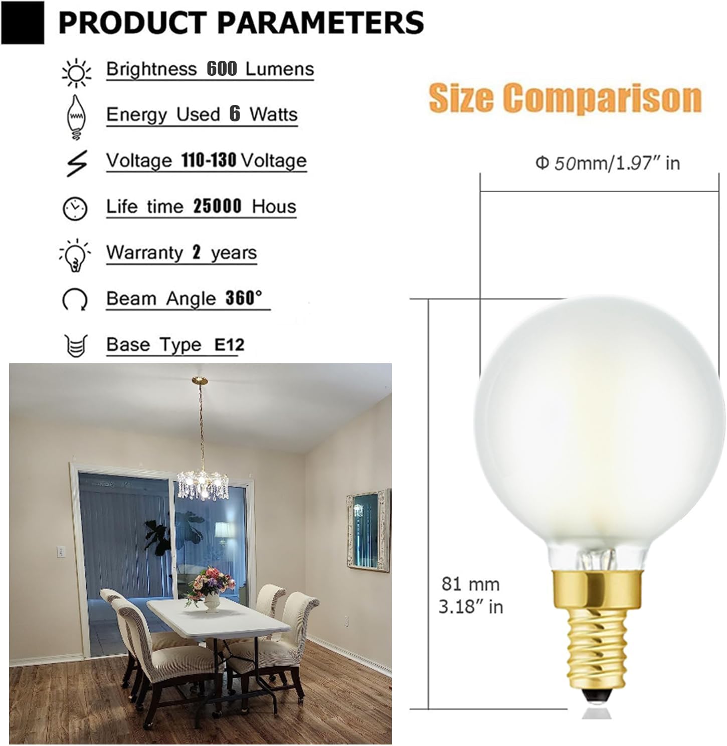 Leools E12 Led Chandelier Light Bulb,Frosted G16.5 Type G Round Light Bulb,60 watt 600lm 4000k Daylight,Dimmable Led Globe Light Bulbs for Ceiling Fan,Scentsy,Vanity,Candelabra LED Light Bulbs 6 pcs