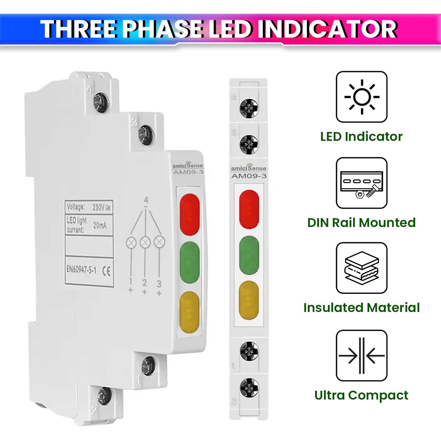 amiciSense 3-Phase Indicator with Red, Green, and Yellow LED Lights – Only 1 cm Wide Reliable Phase Detection for 230VAC Systems, Din Rail Mount Panel Indicator - Image 2 thumbnail