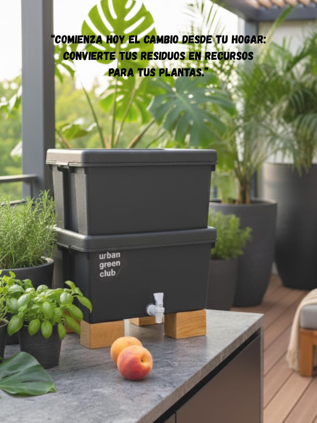 Lombricompostera Domestica 32L de Plastico Reciclado con Grifo Vermicompostaje Natural para Restos Organicos Cocina Balcon Terraza Compostaje Limpio con Diseño Compacto Fabricada en España