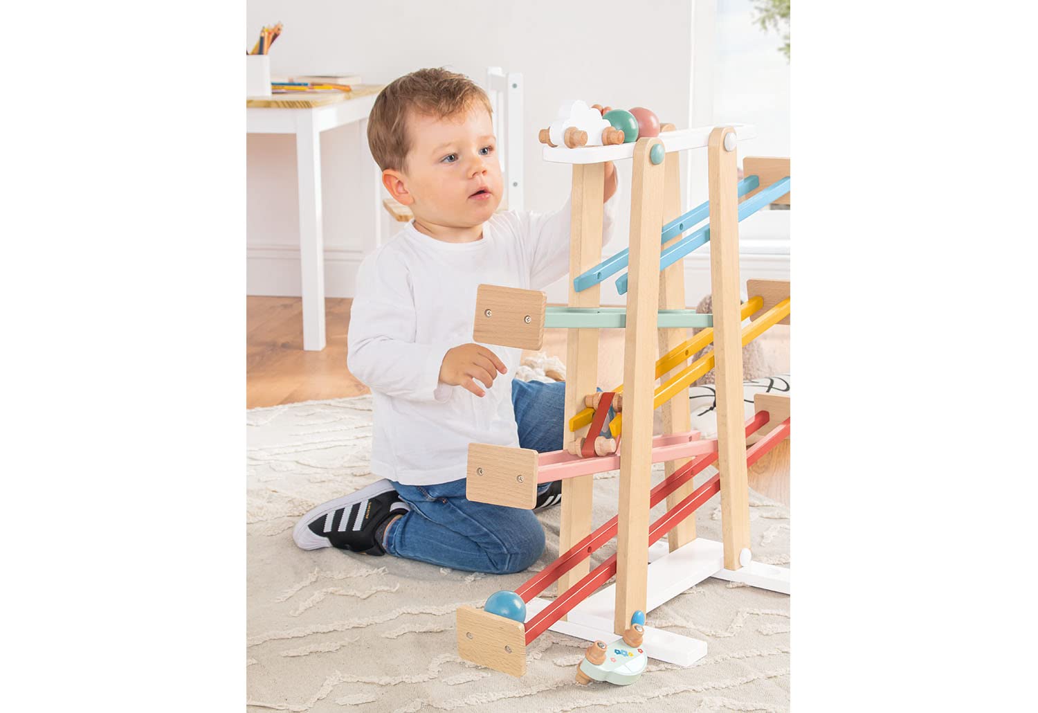 PINOLINO Regenbogen Kugelbahn Kuno, 8-teilig, aus Holz, L 68, B 25, H 56 cm, für Kinder von 3 – 6 Jahren
