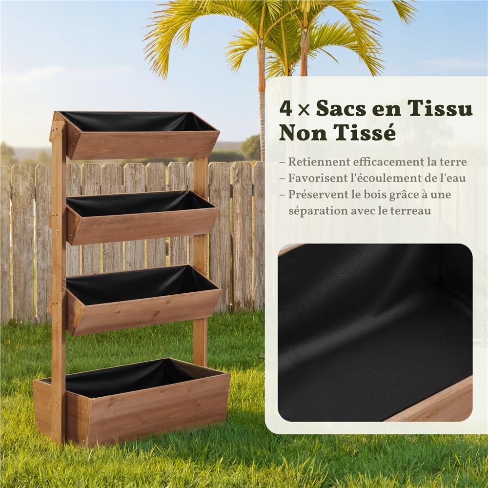 Yaheetech Jardinière Surélevée 4 Niveaux Bac de Potager en Bois de Sapin avec Trous de Drainage pour Balcon Terrasse Jardin Support pour Plantes Herbes Fleurs Légumes Brun Foncé