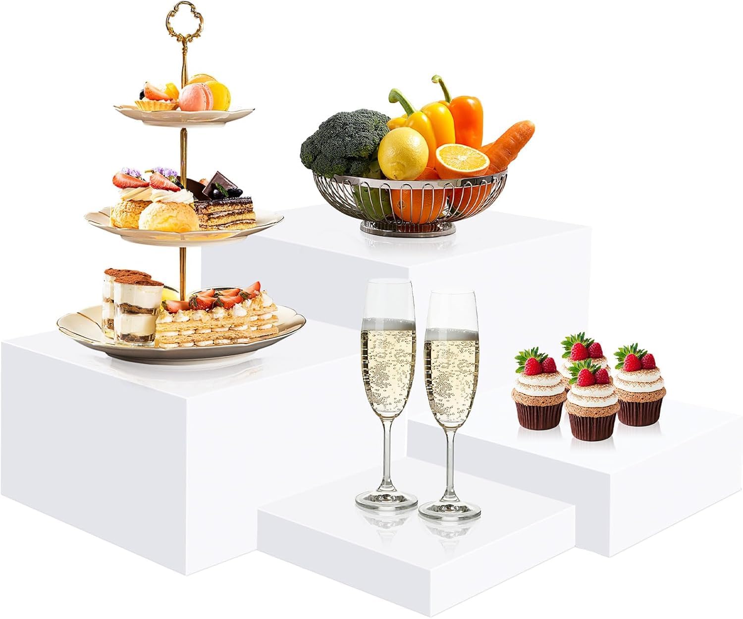 LYCN Lot de 4 présentoirs de buffet en acrylique blanc pour présentation - Base décorative carrée - Boîtes cubiques en acrylique avec fond creux pour cupcakes et bijoux