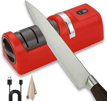 Automatic Kitchen Knife Sharpener Cordless, Diamond Wheel & Non-Slip Suction Base, Electric 3-Stage Precision Sharpener, Easy Guide, Kitchen Essential Polishing System, for All Knives (Red)