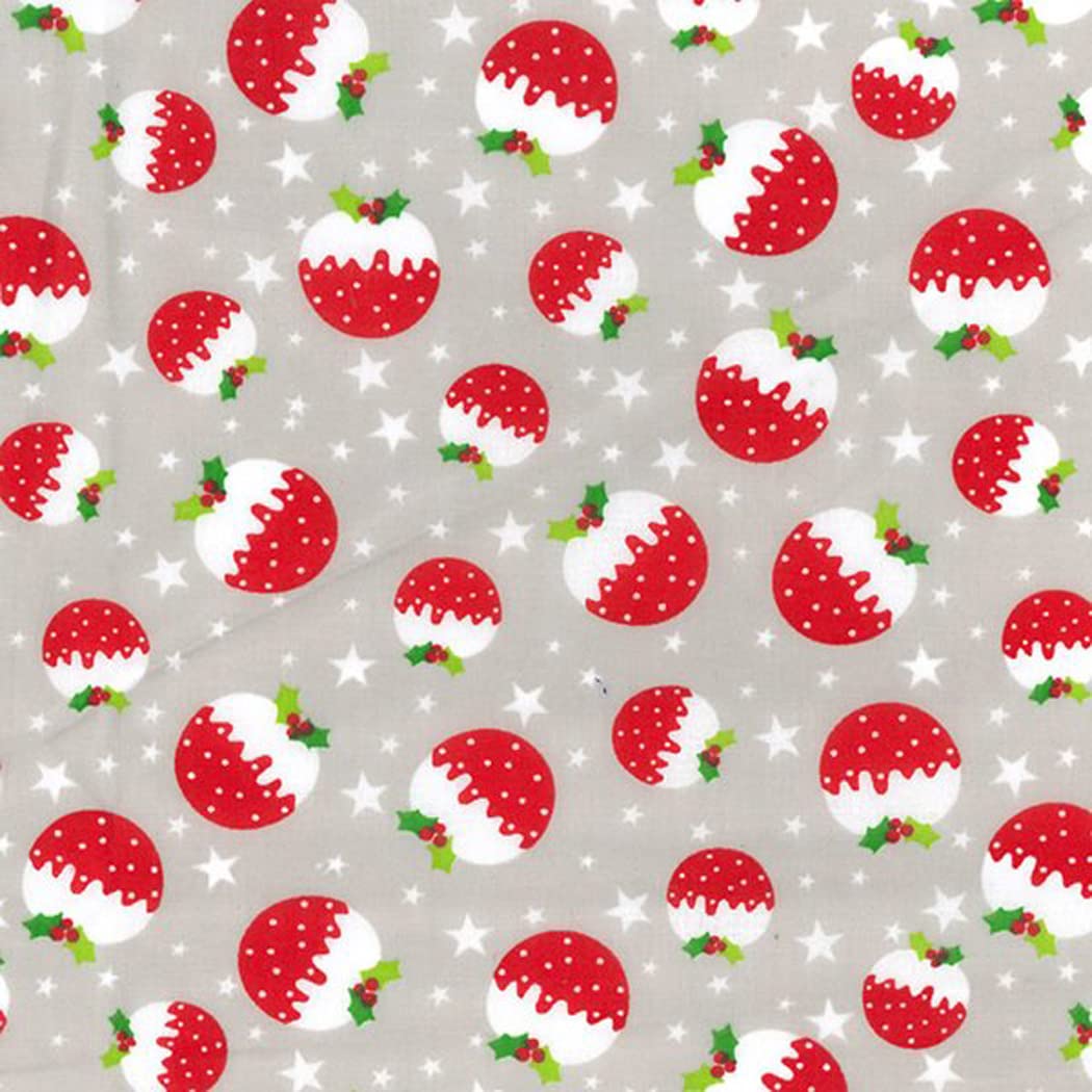Christmas Fabric - Christmas Puddings on Silver Grey - Polycotton Xmas Craft Fabric Material Metre