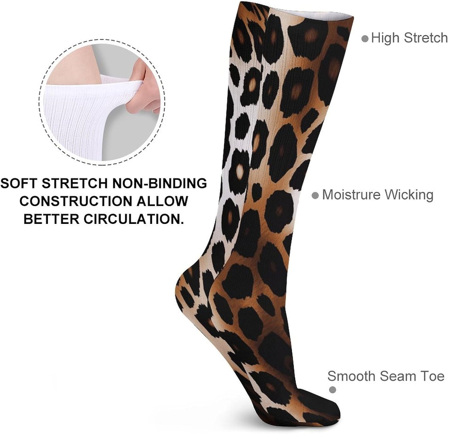 Leopard Print3 Crew Socks High Stocking Thermal Socks | Tube Socks-Breathable-Moisture-Soft-wicking for Hospital Pilates Yoga for women men Grippy for office and daily walking
