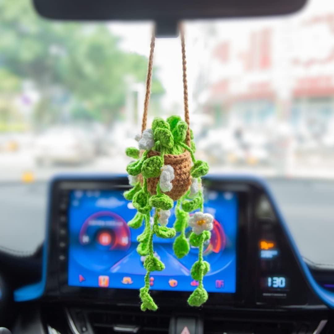Pendentif Décoration Rétroviseur Voiture - Plante Suspendue Tricotée Main - Mignon Accessoire Déco Intérieur Auto Ou Maison - Cadeau Original