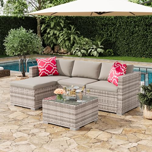 Image of GAOMON 5-Piece All-Weather Patio Furniture Set, Convertible Outdoor Sectional Sofa with Ottoman & Tempered Glass Table, PE Rattan Conversation Set for Garden, Backyard, Porch, Poolside