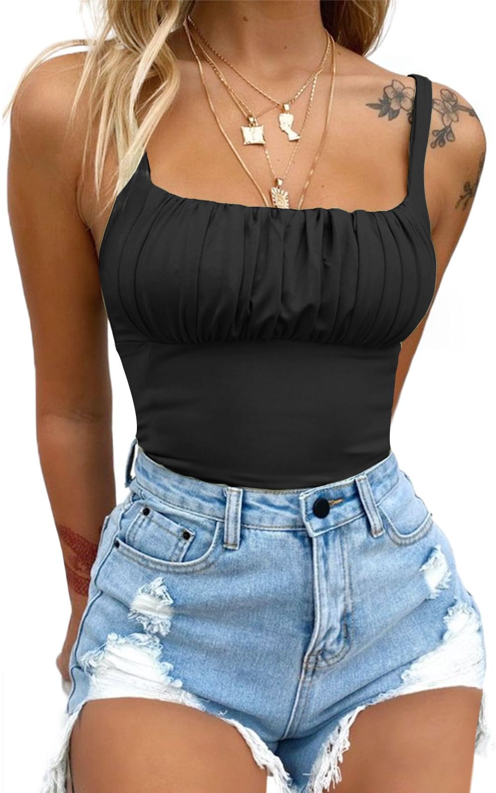 BEJONS Body sexy de cuello cuadrado fruncido sin mangas con doble forro para mujer, Negro -, Large