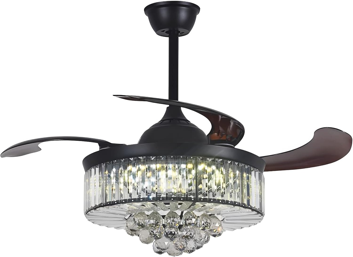 42" Crystal Retractable Ceiling Fan with Light and Remote, Modern Black Fandelier Ceiling Fan 3 Colors Change 3 Speeds Luxury Chandelier Fan for Living Dinning Room