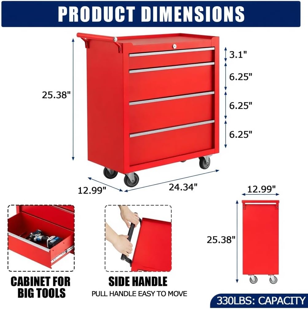 Rolling Tool Chest, 4 Drawers Tool Storage Cabinet with Wheels, Portable Tool Cabinet Organizer with Locking System & Drawer Liners,Universal Lockable Wheels, Tool Storage Cart for Garage, Workshop