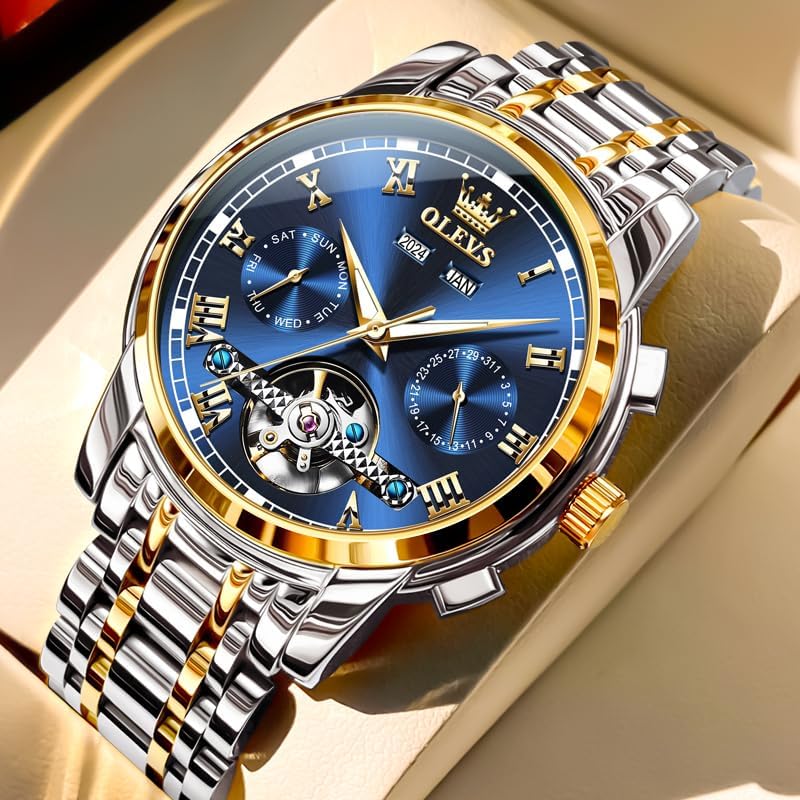 OLEVS Self Winding Watches for Men Automatic Mechanical Dress Tourbillon Stainless Steel Dual Calendar Waterproof Luminous Wrist Watch - Image 2