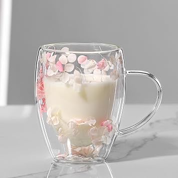 Heat-Resistant Glass 350ml Glass Cup Double Glass Double Wall Dried Flower Double Wall Vacuum Glass Coffee Cup Glass Milk Cup with Handle Easy to Clean Juice Milk Birthday Anniversary