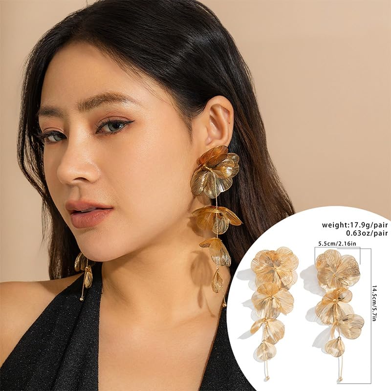 Gold Statement Large Dangle Flower Earrings for Women Dangling Boho Big Long Floral Drop Chandelier Earring Unique Hippie Prom Vacation Jewelry Trendy4