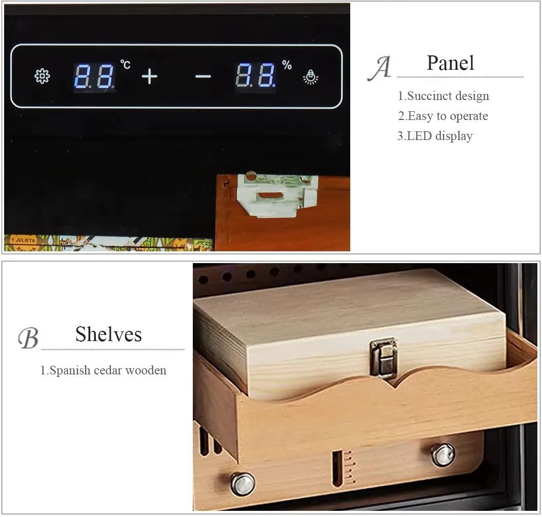Elektrischer Humidor mit Schloss, Intelligenter Zigarrenkühler mit Zedernholzregal & Schublade, LED-Licht & Tür aus gehärtetem Glas für 100 Zigarren