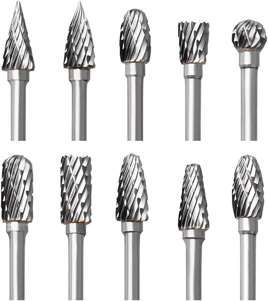 Serplex® Tungsten Carbide Rotary Burr Set for Dremel, 10pcs Carbide Double Cut Carving Burr Bits with 1/8" Shank Rotary Tool Accessories for Woodworking, Engraving, Drilling, Steel Metal Working