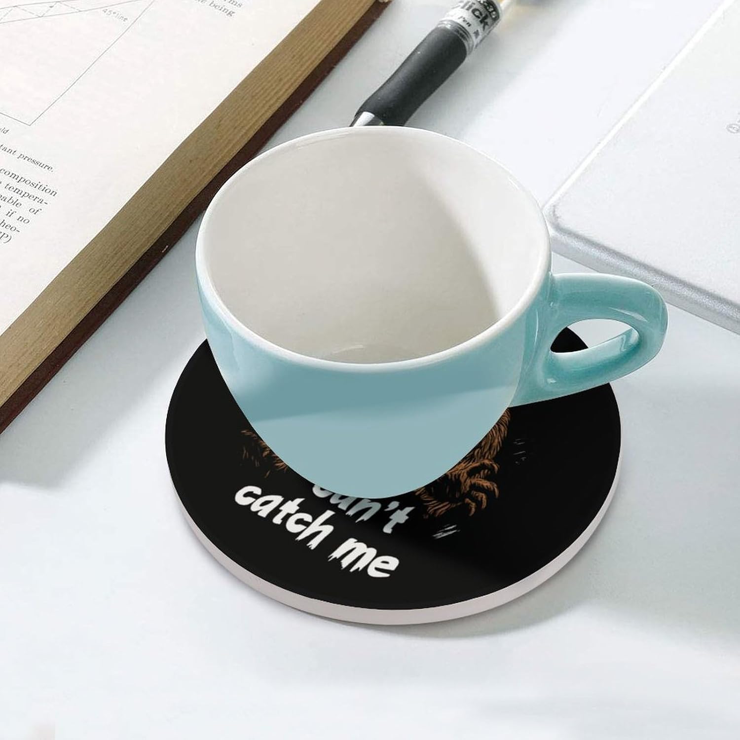 Funny Bigfoot Can't Catch Me Round Ceramic Coasters Print Drinks Absorbent with Cork Base for Home Decor Gifts 4 Inch