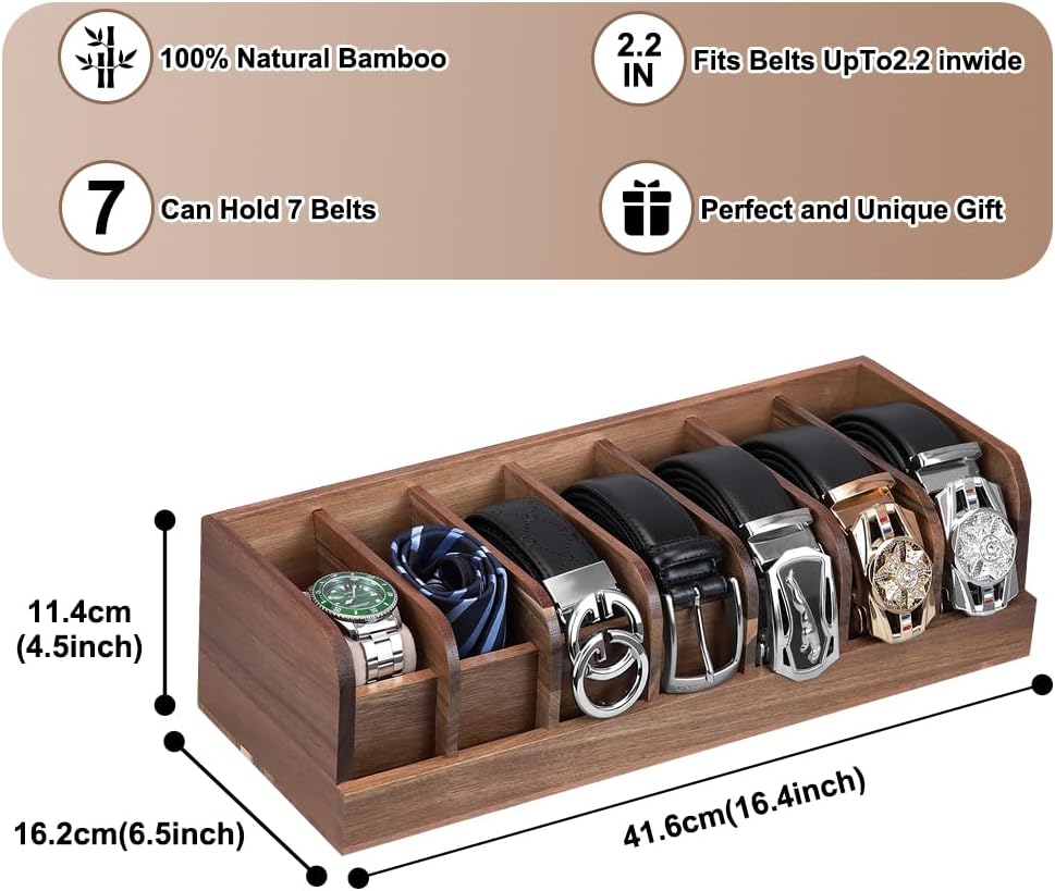 Wood Belt Organizer, 7 Grids Belt Rack, Belt Storage Holder for The Closet and Drawer, Belt Storage Organizer and Displayer, Belt holder Storage Organizer for Men Women, Brown