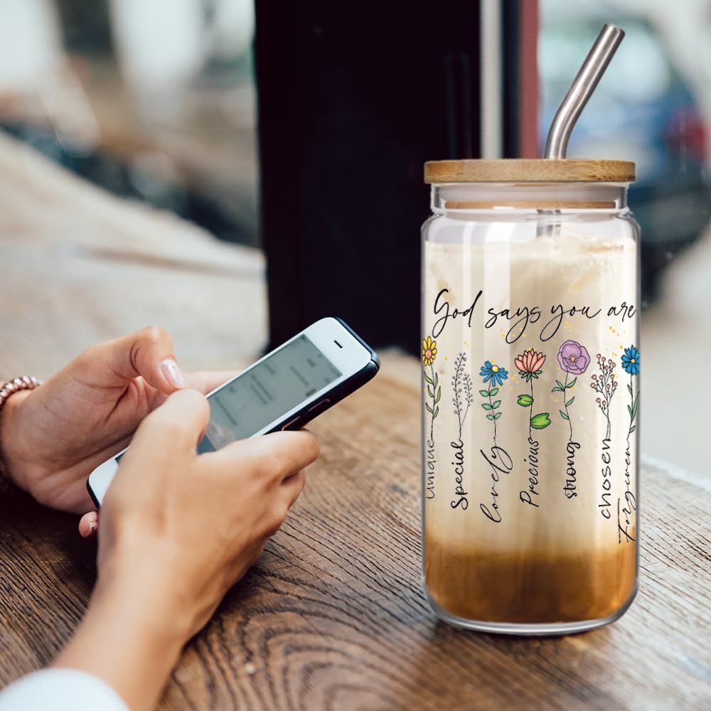 God Says You Are Glass Cup 16oz Christian Bible Verse Floral Christmas Gifts for Catholic Women, Inspirational Religious Gifts, Catholic Encouragement Birthday Gift for Sister Mom Friends Coworker - Image 4