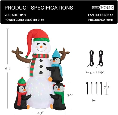 Vista 43 de VIVOHOME 6FT Christmas Inflatable Outdoor Decoration, Snowman in Vest, Navidad Blow Up Yard Decor with Built-in LED Light for Lawn, Garden, Party
