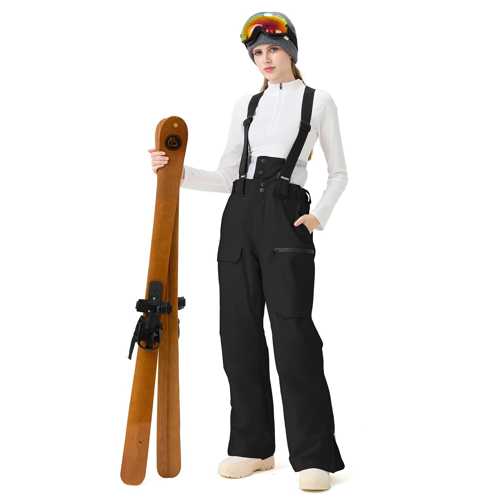 ALSOGO Damskie spodnie narciarskie, wodoszczelne, izolowane, zimowe, snowboardowe, regulowane szelki, spodnie śniegowe, wiatroszczelne, ciepłe spodnie outdoorowe