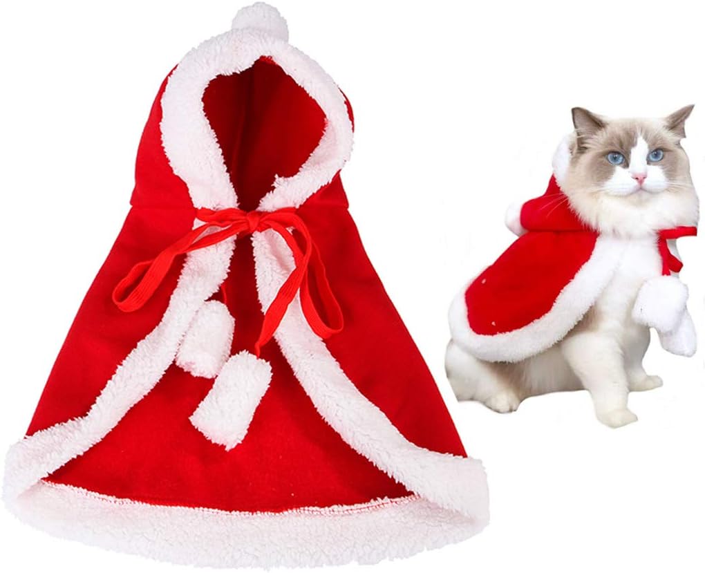 ITESSY Cat Christmas Costume with Hat Pet Clothes Apparel Outfits Santa Cape Cloak for Small Dogs Kitten,S