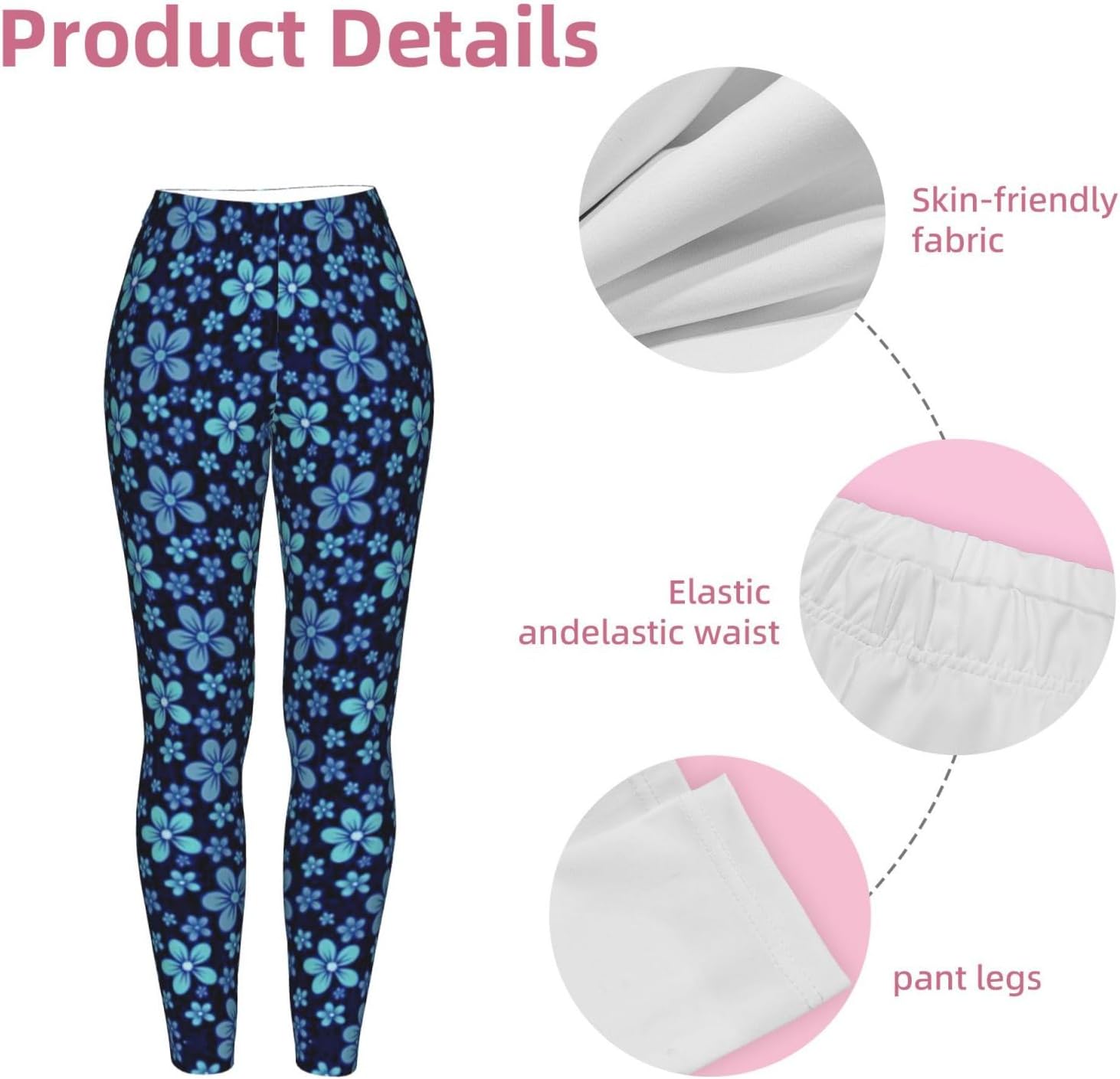 Blue Flower Stretch Leggings,Opaque Printed Elasticity Pants for Workout