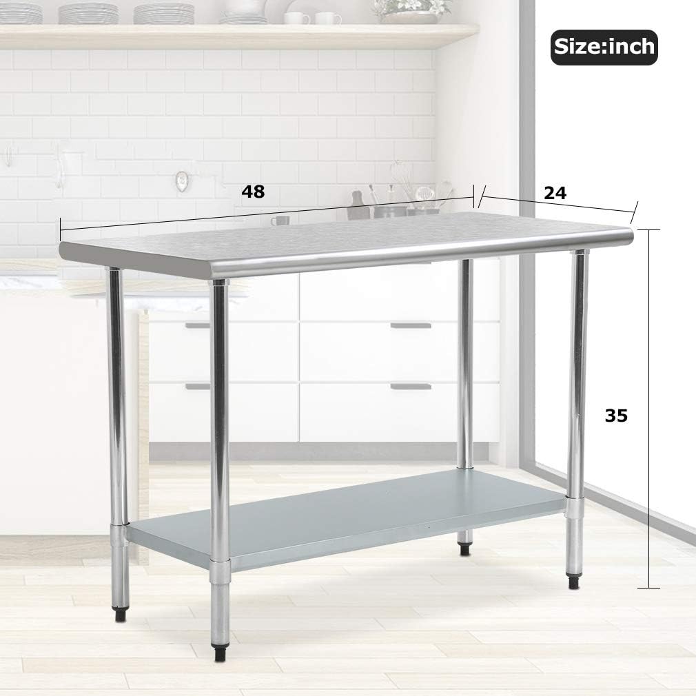Kitchen Work Table Stainless Steel Metal Commercial NSF Scratch Resistent and Antirust Work Table with Adjustable Table Toot (24W×48L): Industrial & Scientific