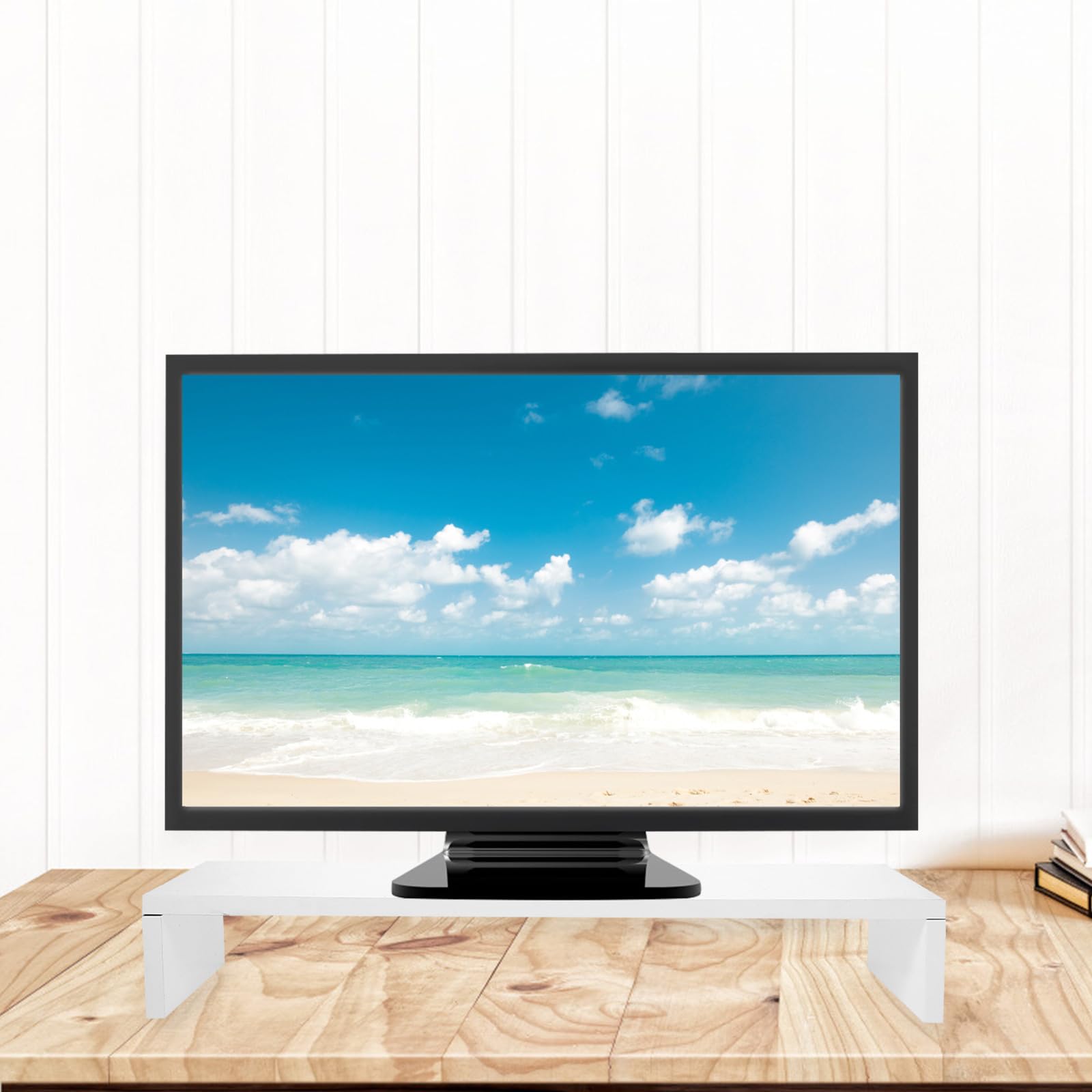 Supporto per Monitor da Scrivania, Rialzo per Schermo e Notebook, Pannello MDF Ecologico, Bianco, per Casa e Ufficio, Design Elegante