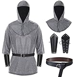 Faux Chain Mail Armor Men, Medieval Knight Costume with Shirt Hood Headpiece Renaissance Bracers Belt for Halloween Cosplay (Large)