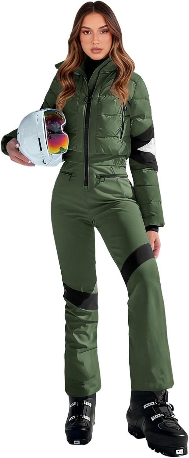 Yousify Womens Onesie Ski Suit Winter Outdoor Sports Warm Waterproof Snowsuit Color Block Jumpsuits Snow Jackets