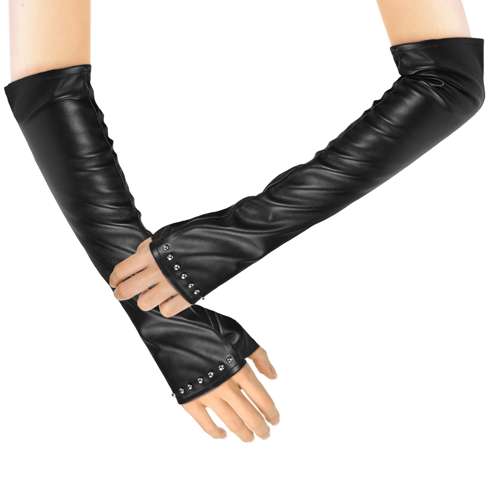 Luwint Long Fingerless Gloves, Faux Leather Women Elbow Length Black Dress Gloves for Wedding Opera Party Costume
