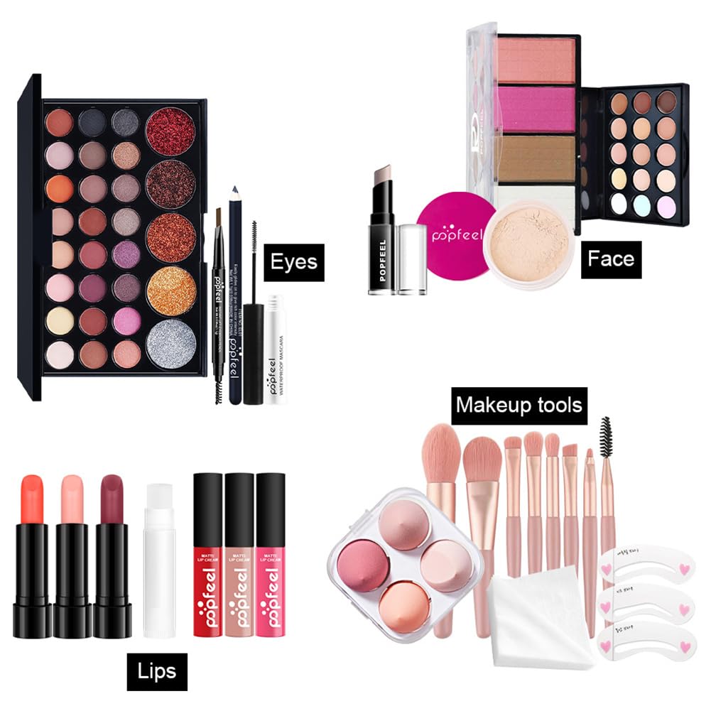 Beginner Makeup Kits Makeup Present Set Multipurpose Womens All In One Makeup Sets Blush Eyeshadow Palette Eyebrow Pen Mascara Eyeliner Lipstick Easy To Carry Gift Set For Lady Wife Girls