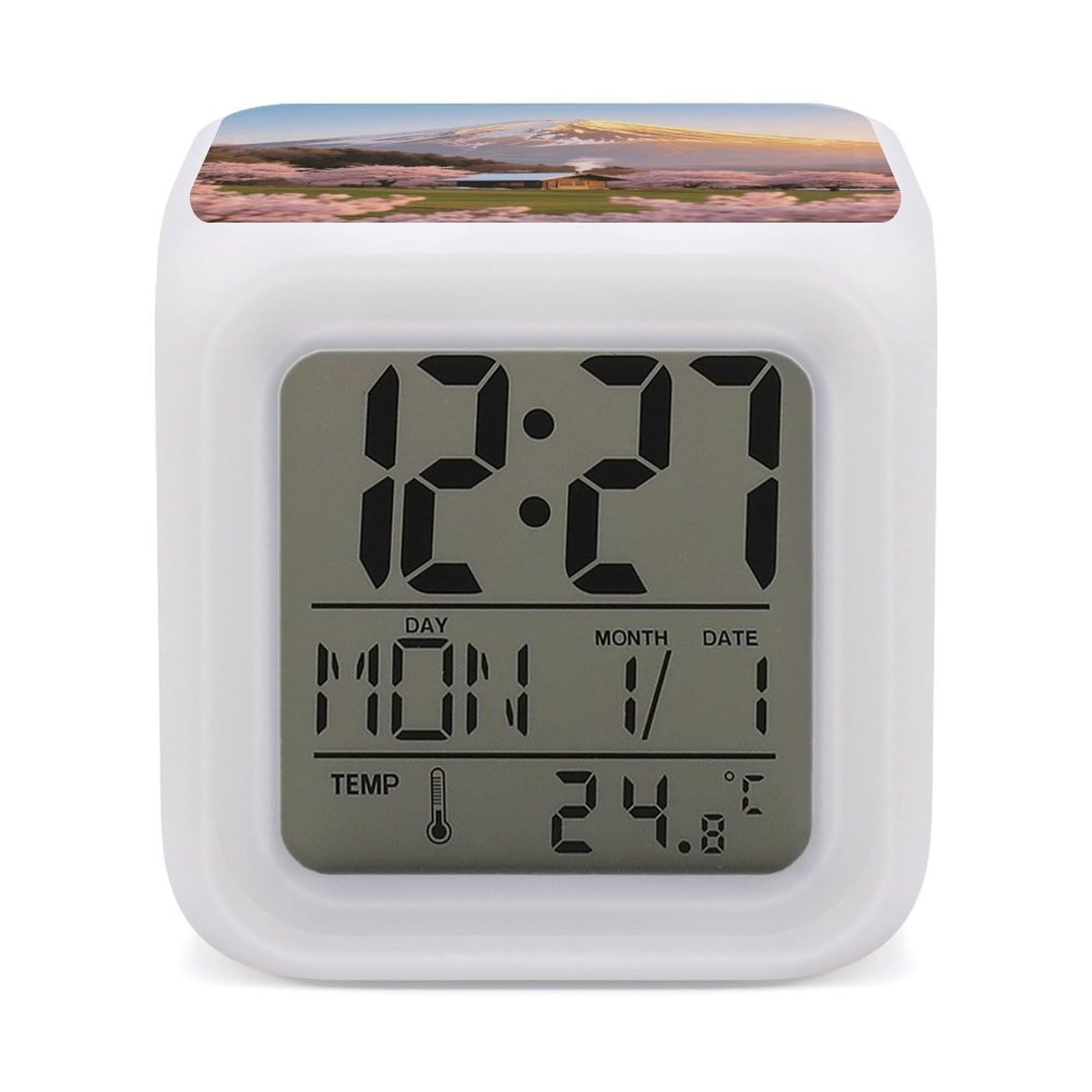 7 Color Ambient Night Light Cube Battery Operated Morning Mist Sakura Digital Clock with Snooze Temperature LED Digital Alarm Clocks Dimmable Wake Up Light Portable Mood Lamp for Bedroom Desk Gift