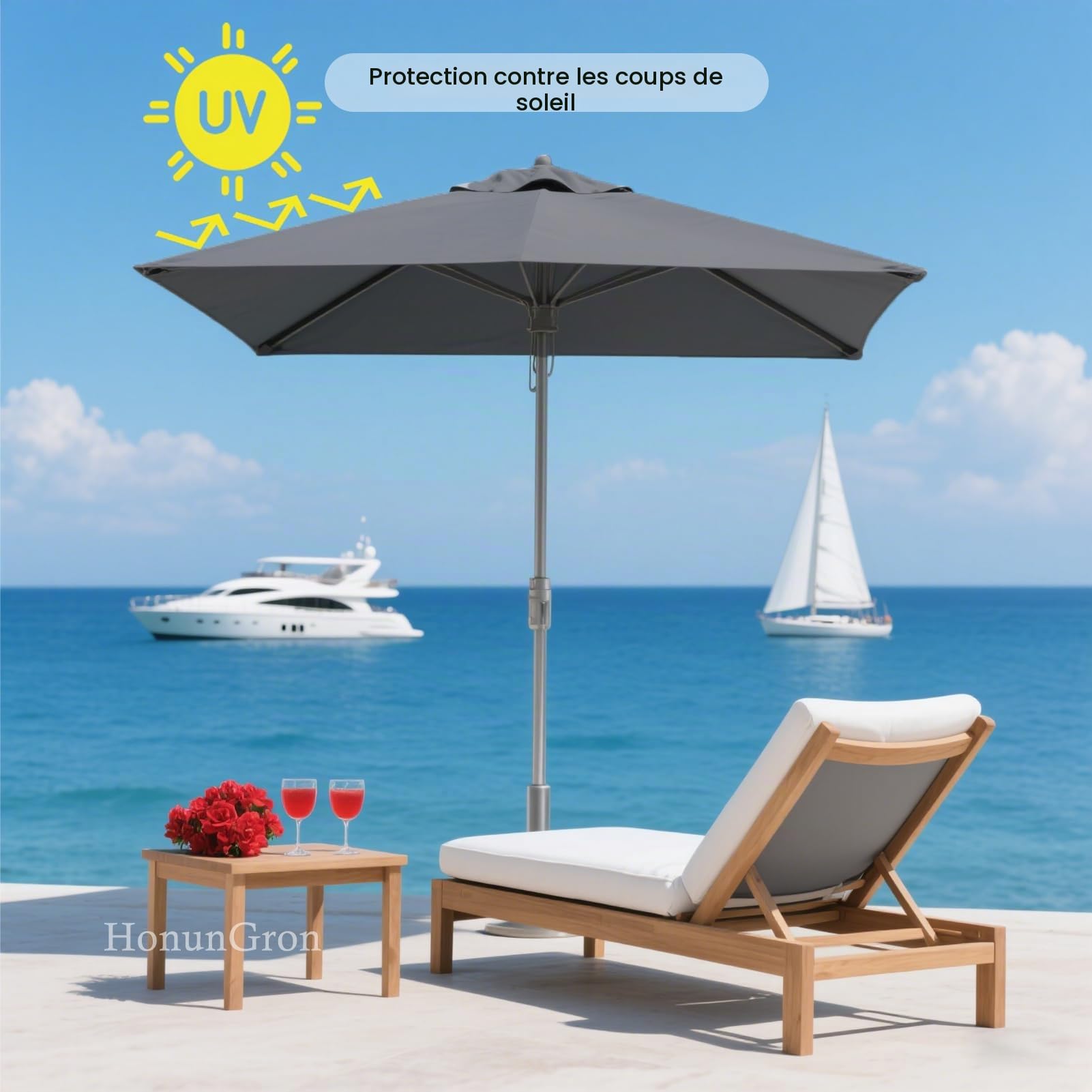 Auvent De Remplacement pour Parasol de Terrasse Rectangulaire 3 x 2 m 6 Baleines Toile De Parasol Rectangulaire Remplacement Pour Cour, Jardin, Plage, Protection UV 30+