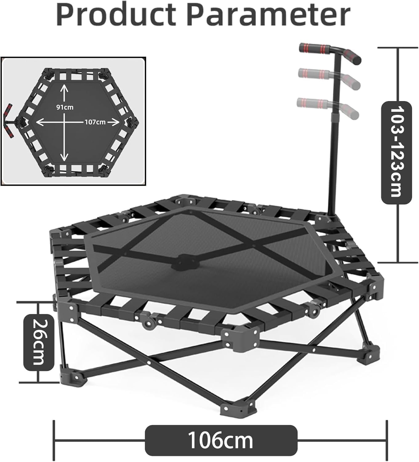 Fitness Trampolin in Studioqualität,Ø106cm Mini Indoor Trampolin für Cross Jumping bis 200kg belastbar,höhenverstellbarer Handgriff,Stabil & leise