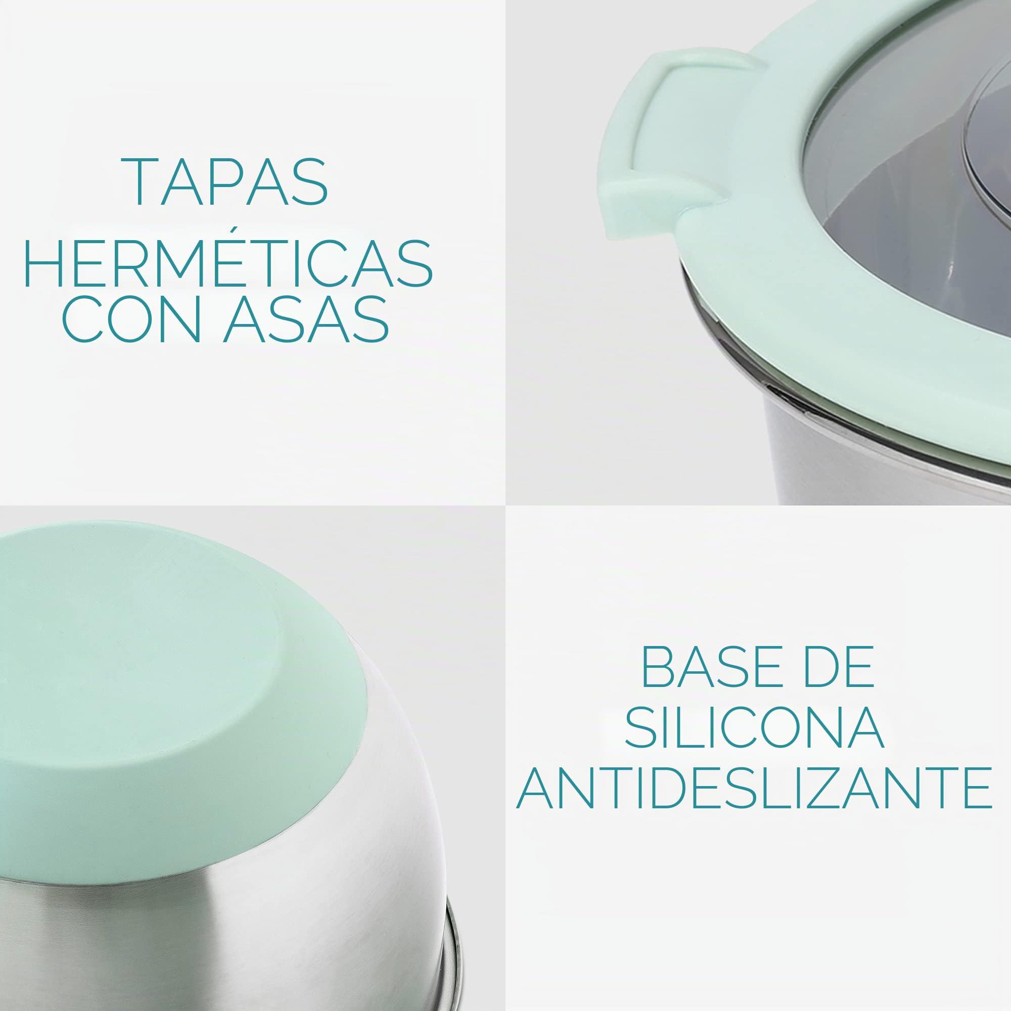 Navaris Set de 3 Cuencos de Acero Inoxidable - Juego de Boles con Tapas para Preparar Servir almacenar Comida y Ensalada - 3 tamaños - Verde Menta