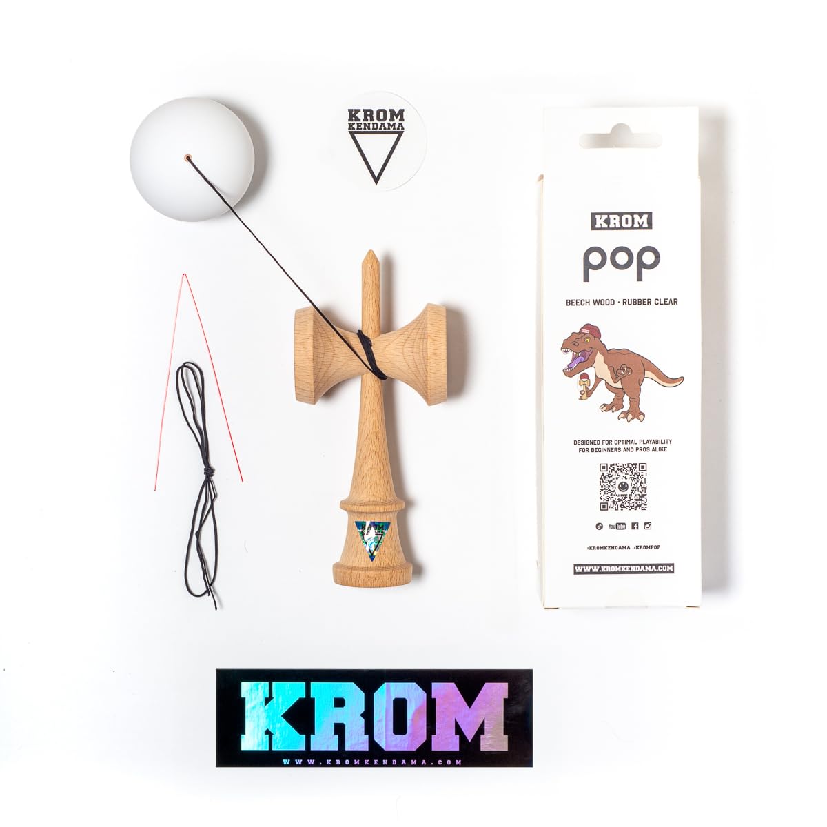 KROM Kendama POP Rubber Blanco – de madera de haya certificada – Madera de alta calidad – Para principiantes y profesionales – Pack : cuerda de repuesto + pegatinas