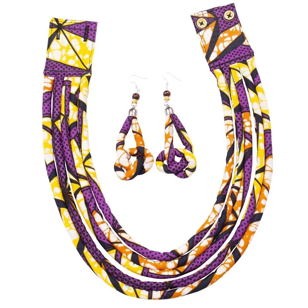 BintaRealWaxAfrican Necklace Earrings Set Ankara Fabric Print Multilayer Woven Rope Choker Layered Strand Collar