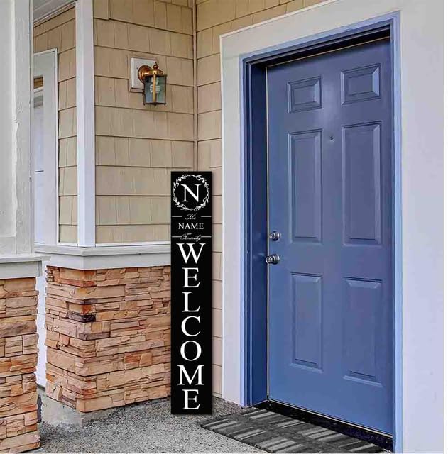Wood Black Initial Family Name Welcome Sign for Porch Standing 48in×8in, Tall Custom Initial Last Name Vertical Leaner Farmhouse Welcome Sign for Front Door Deck Patio Yard Home Decorations