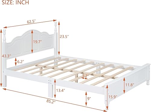 Miniatura 2 de SOFTSEA Base de cama tamaño Queen con cabecero alto y estribo, cama de plataforma clásica con listones de madera