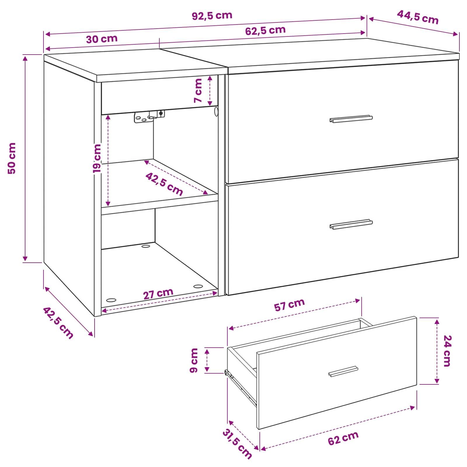 Waschtisch Badezimmer Set 2 teilig Grau Sonoma Holzwerkstoff, Bad Waschbecken Unterschrank mit Schublade, Hängend Wand Halterung für Gäste WC, Stauraum und Organizer