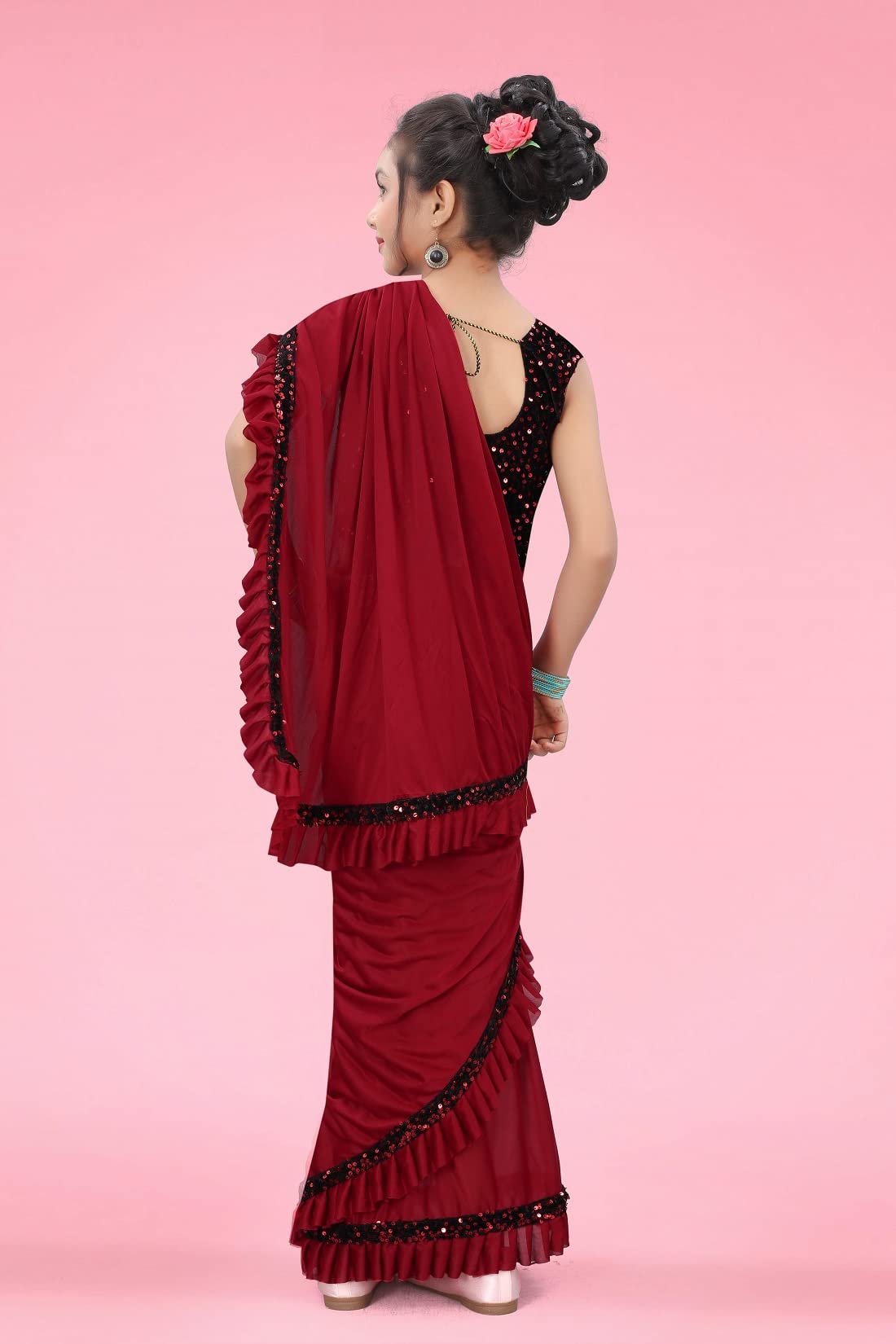Dhyey fashion Girls Lycra Blend Ruffle Pattern Saree With Velvet Unstitched Blouse Piece - Image 5 thumbnail