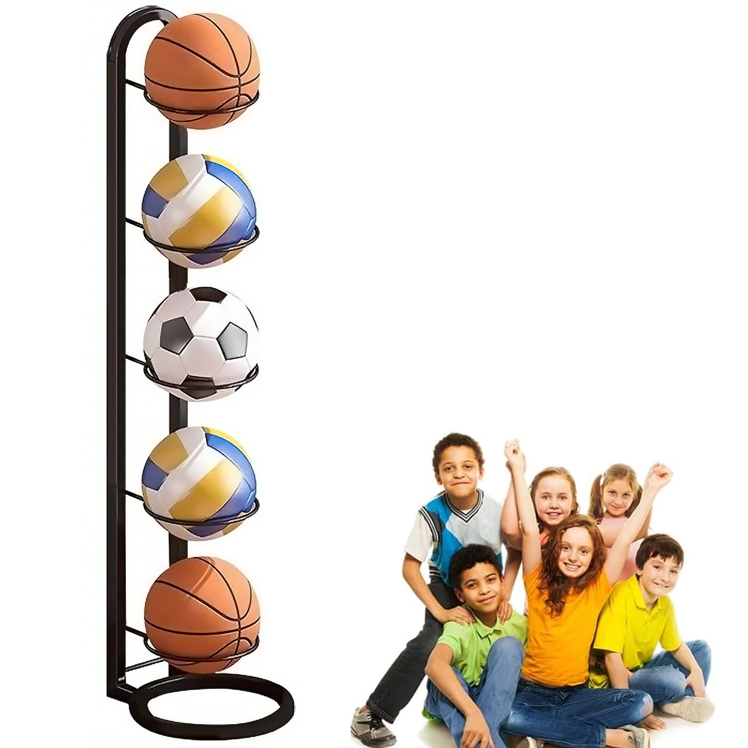 LengSuaa Ball Storage Rack 5 Tiers Ball Storage Garage Basketball Organizer Rack Iron Football Stand Vertical Football Display Stand Removable Football Stand for Basketball Football Volleyball