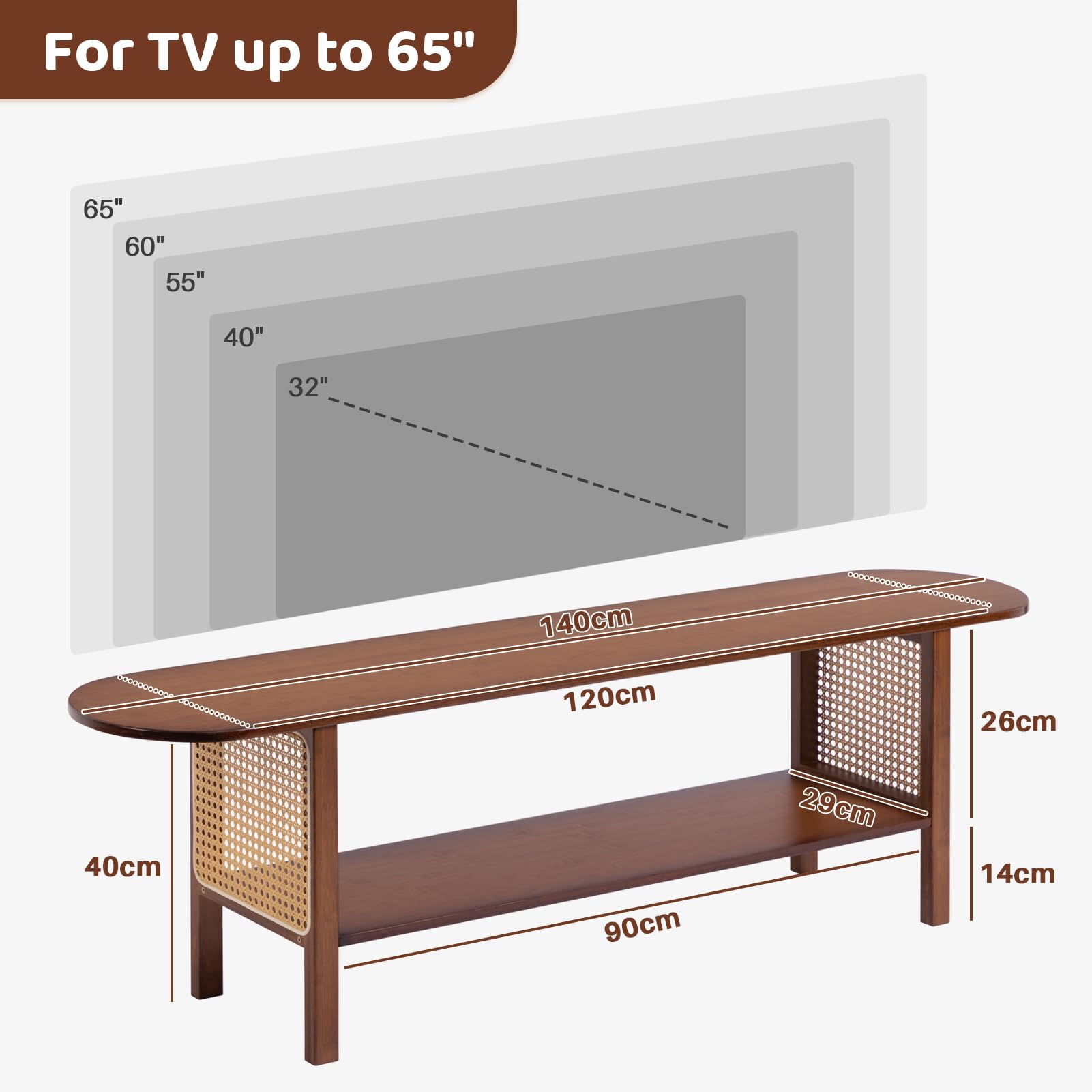 HollyHOME TV Schrank Bambus TV Lowboard Rattan 140cm Fernsehschrank Fernsehtisch TV Bank 2-stöckige TV Tish TV Table für Wohnzimmer Schlafzimmer, Dunkel