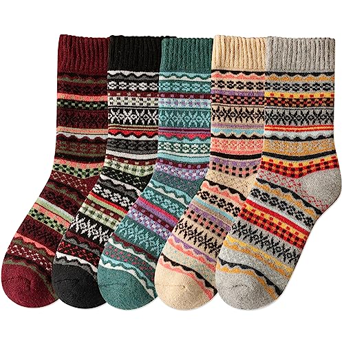 Image of IIG 5 Pairs Women's Vintage Style Thick Wool Warm Winter Crew Socks