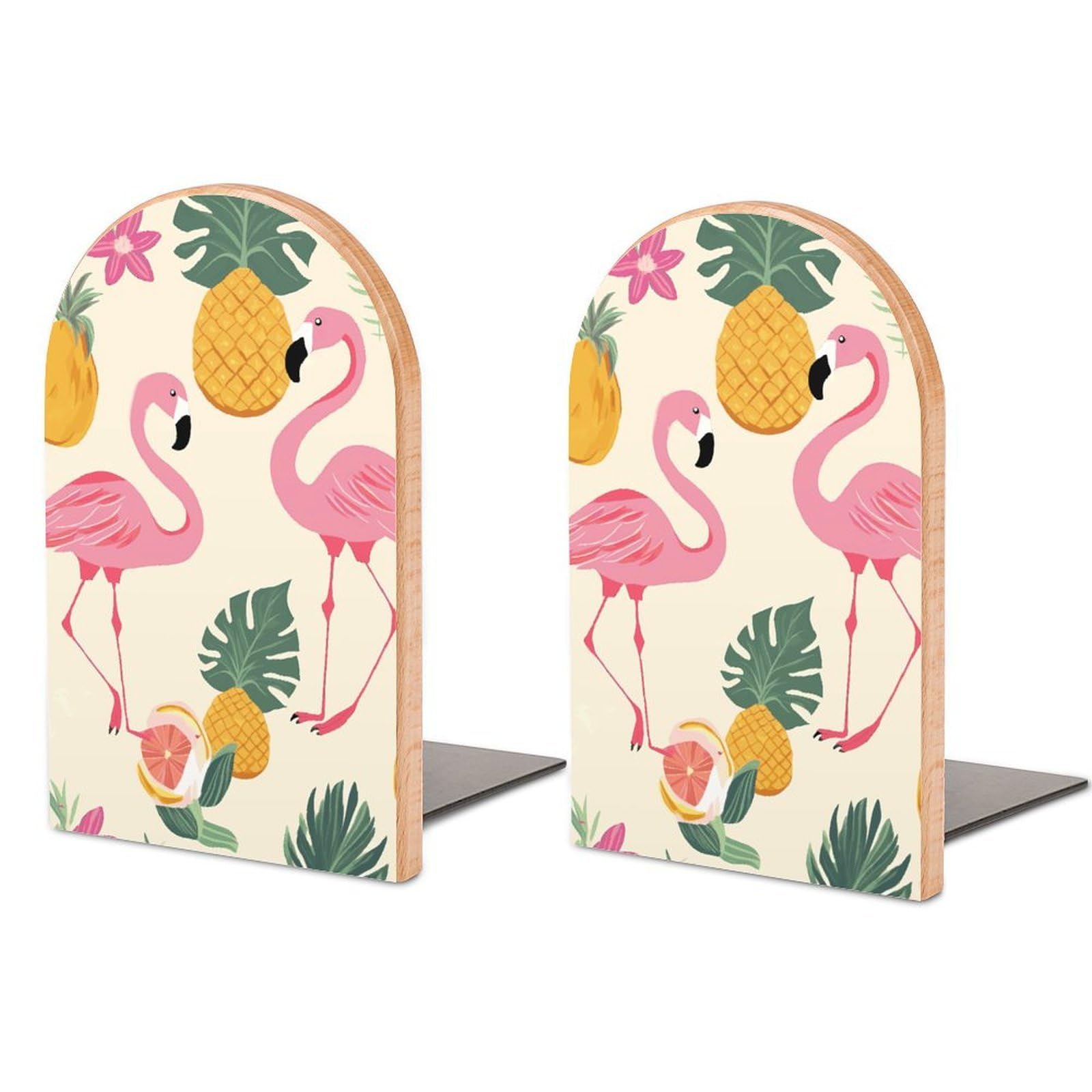 Flamingos and Pineapples Bookend Modern Bookends for Shelves Non-Skid Book Holder Heavy Duty Metal Book Storage for Books CDs Decorative Book Stopper for Home