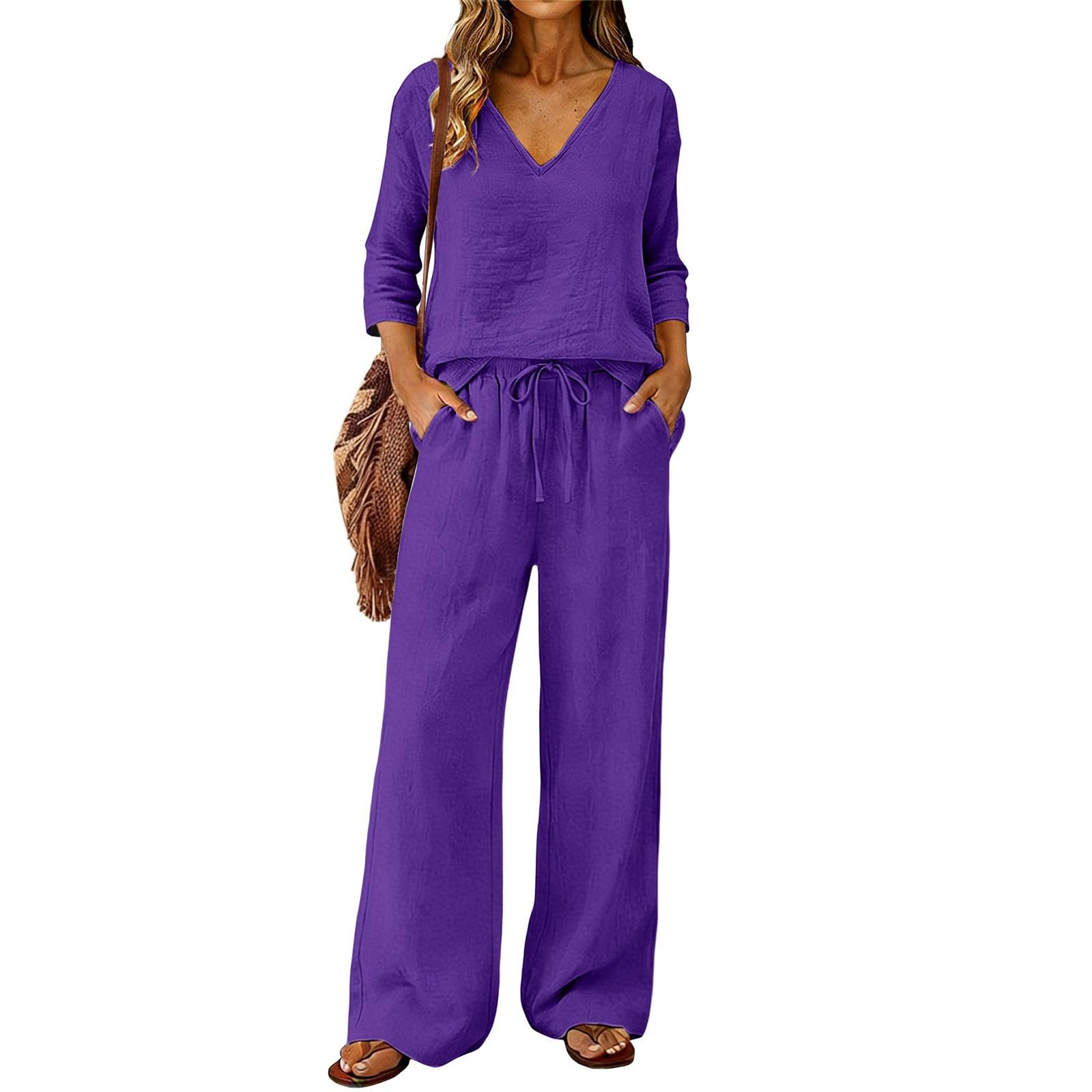 Damen Zweiteiler Damen-Freizeit-Set: Unifarbenes Oberteil Mit V-Ausschnitt, 3/4-Ärmeln, Und Hose Elastischem Bund Sommer Party Outfit Leinen Kleid Festlich Hosenanzug Weiss Anzug Für