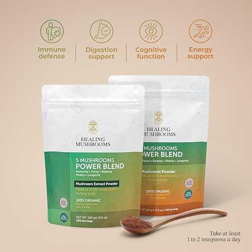 Miniatura 4 de 5 hongos Power Bland, extracto orgánico en polvo, con melena de león, reishi, cordyceps, cola de pavo y chaga - 7.05 oz