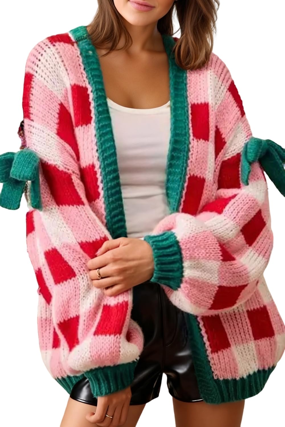 Womenss Cardigan Sweater Long Sleeve Plaid Knit Bow Knot Decor Open Front Trendy Jackets Outerwear